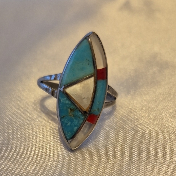 Turquoise and Red Geometric Silver Ring - Picture 1 of 5
